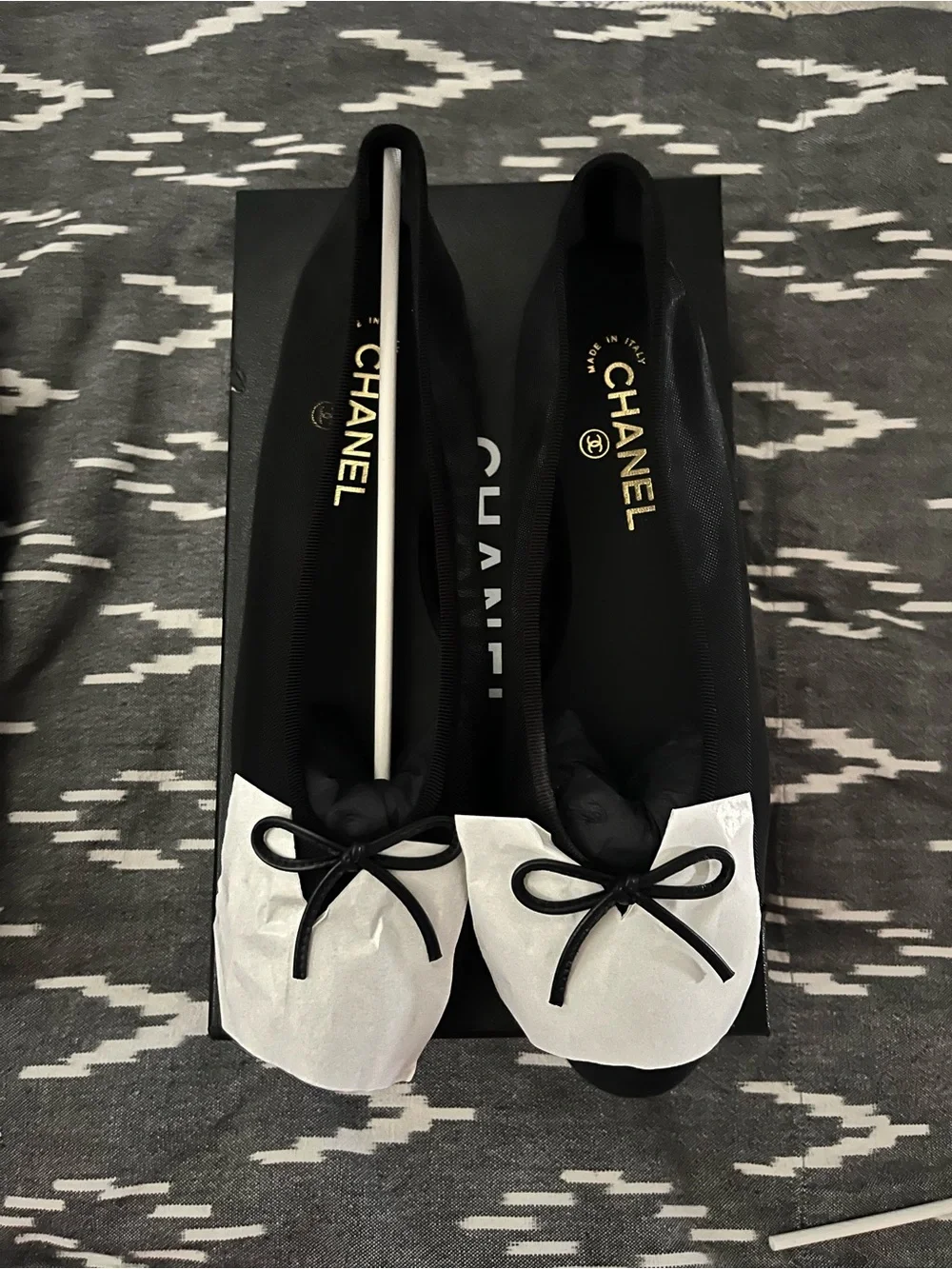 CHANEL Black Mesh Ballet Flats with Bow Trim